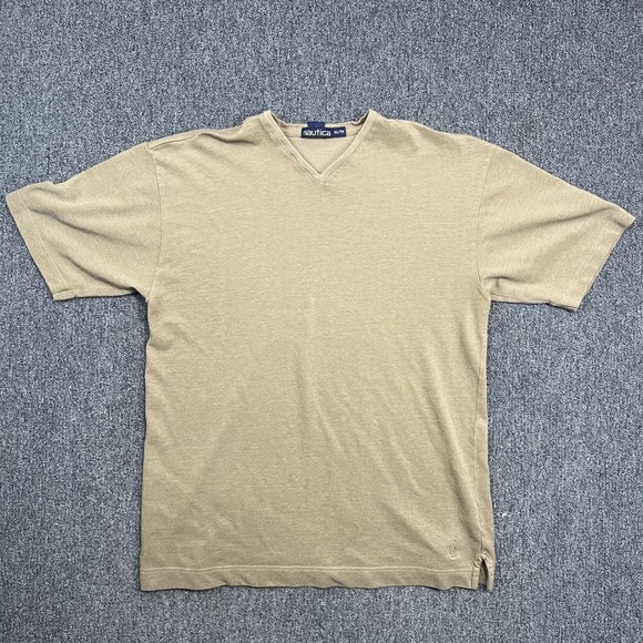 Nautica Vintage 90s V-Neck Shirt XL Khaki Tan Cotton Blend Minimalist Streetwear — photo 2